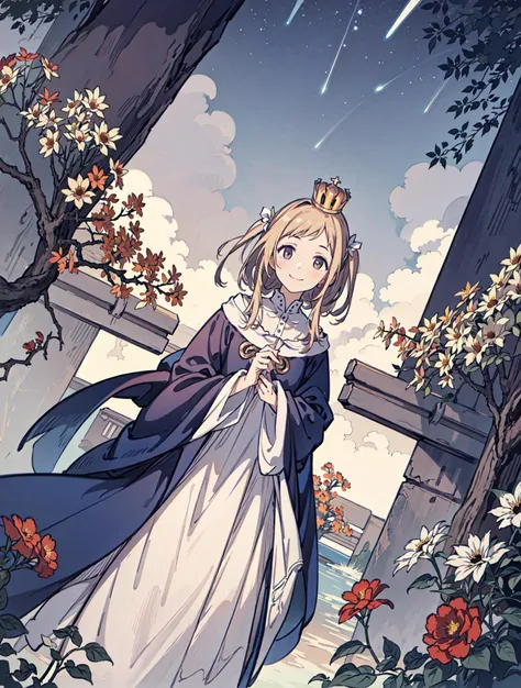 best quality, high_resolution, distinct_image, detailed background ,girl, random wear,flower, night sky,dutch angle, wide shot,shy smile, crown, <lora:sakuragiManoTHEIDOLM_v10:1>