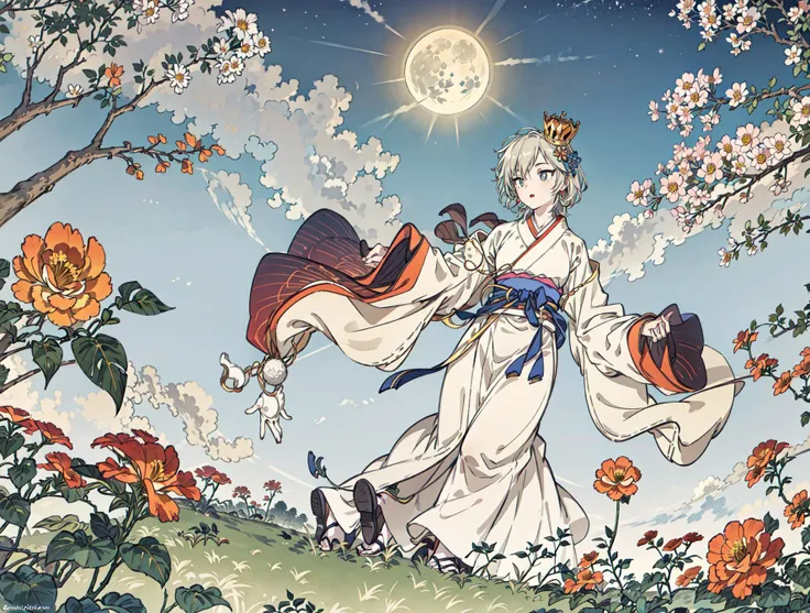 best quality, high_resolution, distinct_image, detailed background ,girl, hanbok,flower,garden,moon, night,dutch angle, wide shot, crown,<lora:anastasiaTHEIdolmSTER_anastasiaV10:1>