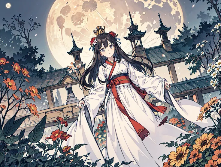 best quality, high_resolution, distinct_image, detailed background ,girl, hanbok,flower,garden,moon, night,dutch angle, wide shot, crown, <lora:kobayakawaSaeIdolm_delta:1>