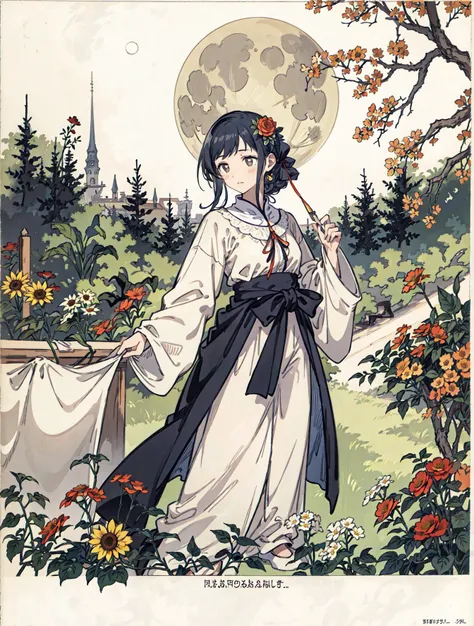 best quality, high_resolution, distinct_image, detailed background ,girl, flower,garden,moon, <lora:sakuragiManoTHEIDOLM_v10:1>