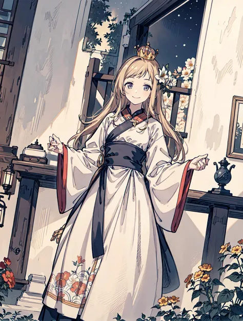 best quality, high_resolution, distinct_image, detailed background ,girl, random wear,flower, night sky,dutch angle, wide shot,shy smile, crown,  <lora:sakuragiManoTHEIDOLM_v10:1>