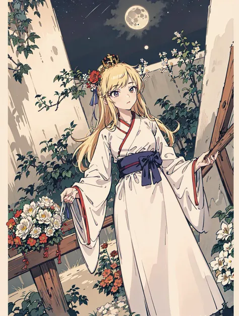 best quality, high_resolution, distinct_image, detailed background ,girl, hanbok,flower,garden,moon, night,dutch angle, wide shot, crown, <lora:ohtsukiYuiTHEIDOLMSTER_v10:1>