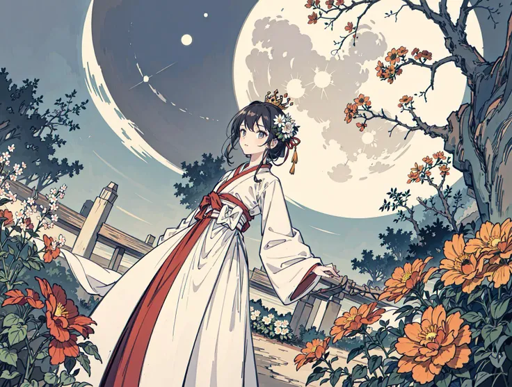 best quality, high_resolution, distinct_image, detailed background ,girl, hanbok,flower,garden,moon, night,dutch angle, wide shot, crown, <lora:kobayakawaSaeIdolm_delta:1>