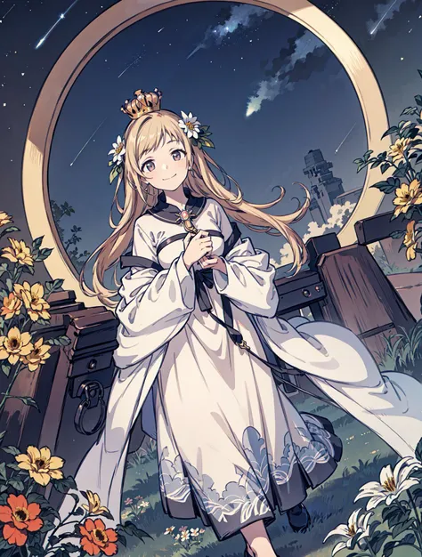 best quality, high_resolution, distinct_image, detailed background ,girl, random wear,flower, night sky,dutch angle, wide shot,shy smile, crown, <lora:sakuragiManoTHEIDOLM_v10:1>