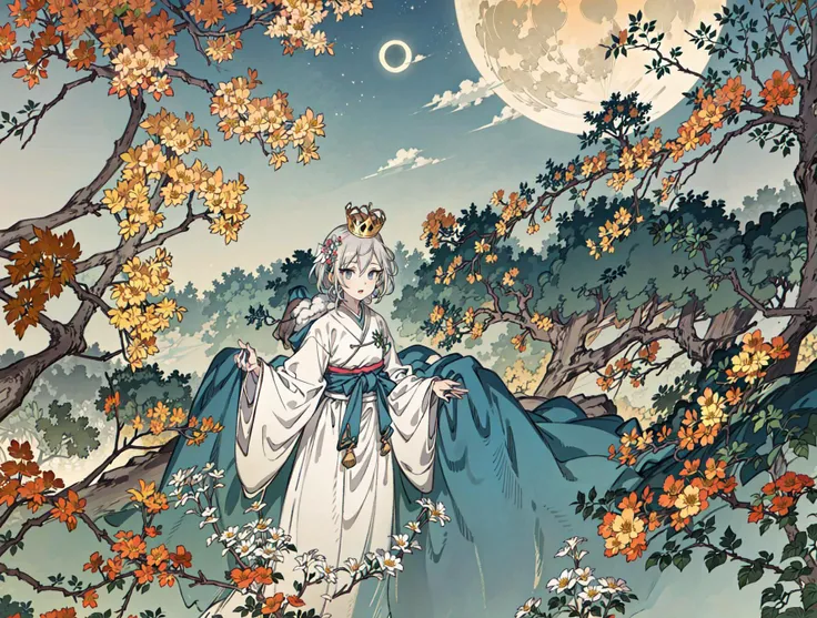 best quality, high_resolution, distinct_image, detailed background ,girl, hanbok,flower,garden,moon, night,dutch angle, wide shot, crown,<lora:anastasiaTHEIdolmSTER_anastasiaV10:1>