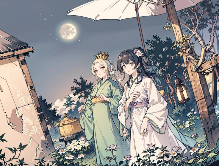best quality, high_resolution, distinct_image, detailed background ,girl, hanbok,flower,garden,moon, night,dutch angle, wide shot, crown, <lora:morinoRinzeTHEIDOLMSTER_v10:1>