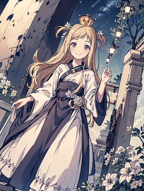 best quality, high_resolution, distinct_image, detailed background ,girl, random wear,flower, night sky,dutch angle, wide shot,shy smile, crown, <lora:sakuragiManoTHEIDOLM_v10:1>