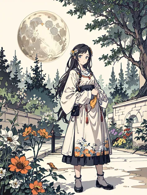 best quality, high_resolution, distinct_image, detailed background ,girl, flower,garden,moon, <lora:sakuragiManoTHEIDOLM_v10:1>