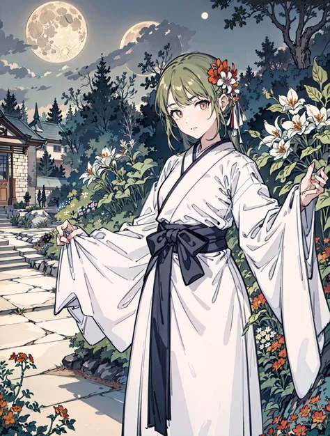 best quality, high_resolution, distinct_image, detailed background ,girl, hanbok,flower,garden,moon, night,<lora:nanakusaNichikaTHEIDOLM_v10:1>