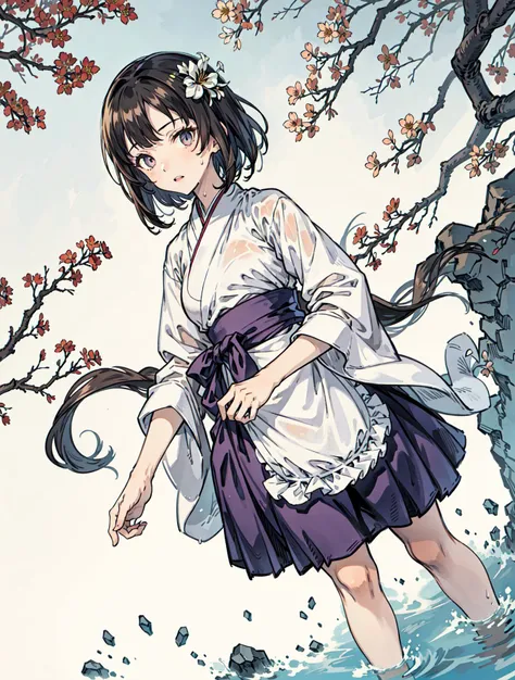 best quality, high_resolution, distinct_image, detailed background ,girl, random wear,flower, lain,dutch angle, wet, hanbok dress, waist apron,