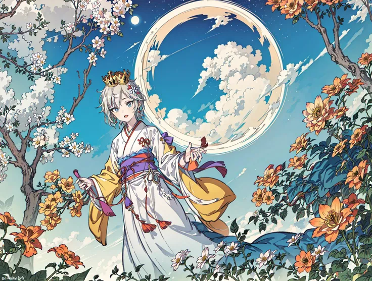 best quality, high_resolution, distinct_image, detailed background ,girl, hanbok,flower,garden,moon, night,dutch angle, wide shot, crown,<lora:anastasiaTHEIdolmSTER_anastasiaV10:1>