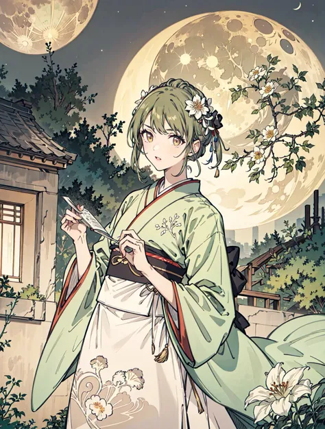 best quality, high_resolution, distinct_image, detailed background ,girl, hanbok,flower,garden,moon, night,<lora:nanakusaNichikaTHEIDOLM_v10:1>