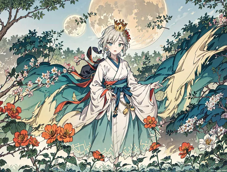 best quality, high_resolution, distinct_image, detailed background ,girl, hanbok,flower,garden,moon, night,dutch angle, wide shot, crown,<lora:anastasiaTHEIdolmSTER_anastasiaV10:1>