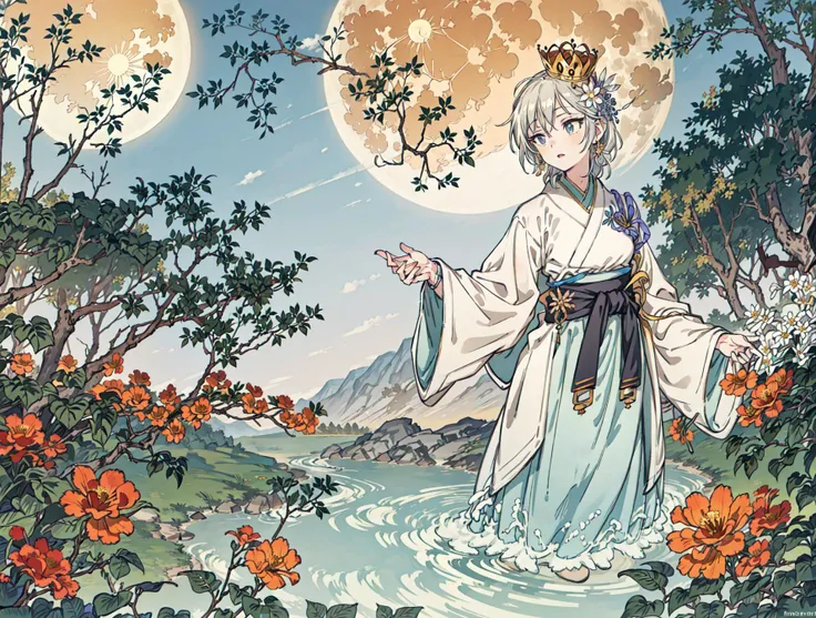 best quality, high_resolution, distinct_image, detailed background ,girl, hanbok,flower,garden,moon, night,dutch angle, wide shot, crown,<lora:anastasiaTHEIdolmSTER_anastasiaV10:1>
