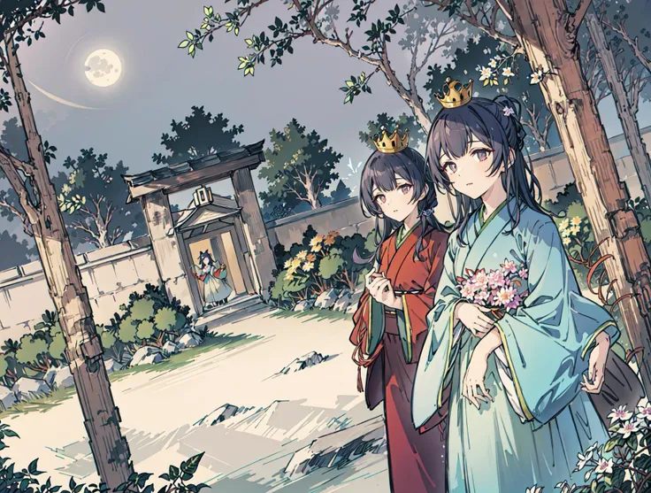 best quality, high_resolution, distinct_image, detailed background ,girl, hanbok,flower,garden,moon, night,dutch angle, wide shot, crown,  <lora:morinoRinzeTHEIDOLMSTER_v10:1>