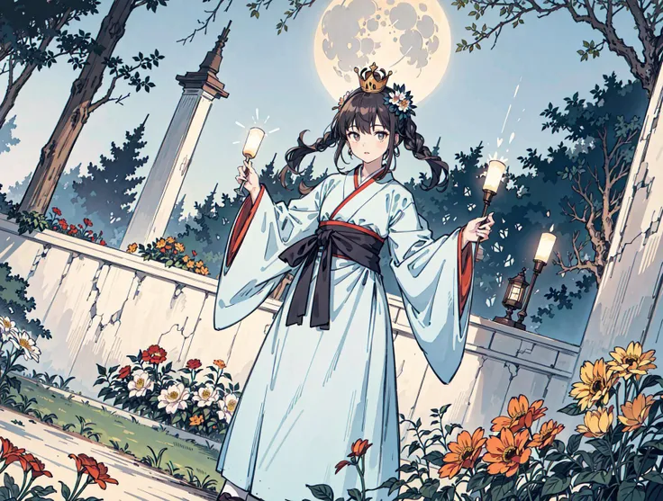 best quality, high_resolution, distinct_image, detailed background ,girl, hanbok,flower,garden,moon, night,dutch angle, wide shot, crown, <lora:kobayakawaSaeIdolm_delta:1>
