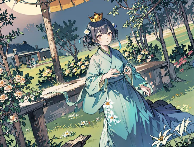 best quality, high_resolution, distinct_image, detailed background ,girl, hanbok,flower,garden,moon, night,dutch angle, wide shot, crown, <lora:morinoRinzeTHEIDOLMSTER_v10:1>