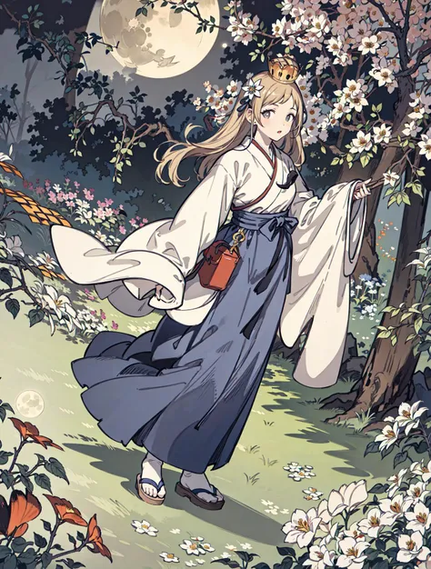 best quality, high_resolution, distinct_image, detailed background ,girl, hanbok,flower,garden,moon, night,dutch angle, wide shot, crown, <lora:sakuragiManoTHEIDOLM_v10:1>