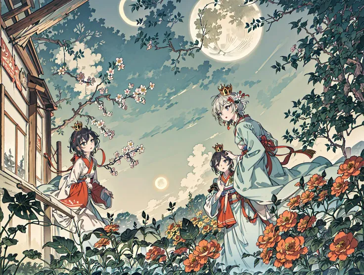 best quality, high_resolution, distinct_image, detailed background ,girl, hanbok,flower,garden,moon, night,dutch angle, wide shot, crown,<lora:anastasiaTHEIdolmSTER_anastasiaV10:1>