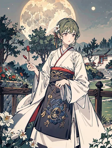 best quality, high_resolution, distinct_image, detailed background ,girl, hanbok,flower,garden,moon, night,<lora:nanakusaNichikaTHEIDOLM_v10:1>
