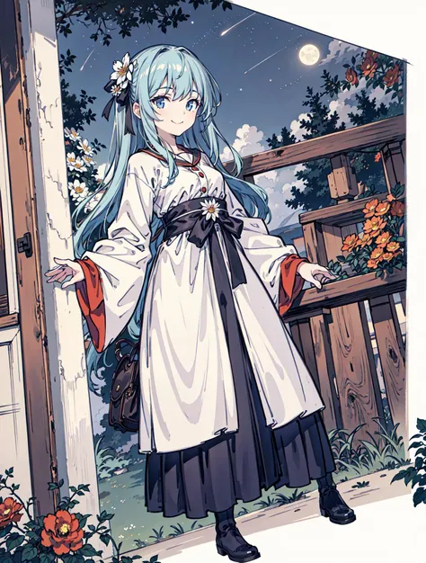 best quality, high_resolution, distinct_image, detailed background ,girl, random wear,flower, night sky,dutch angle, wide shot,shy smile,