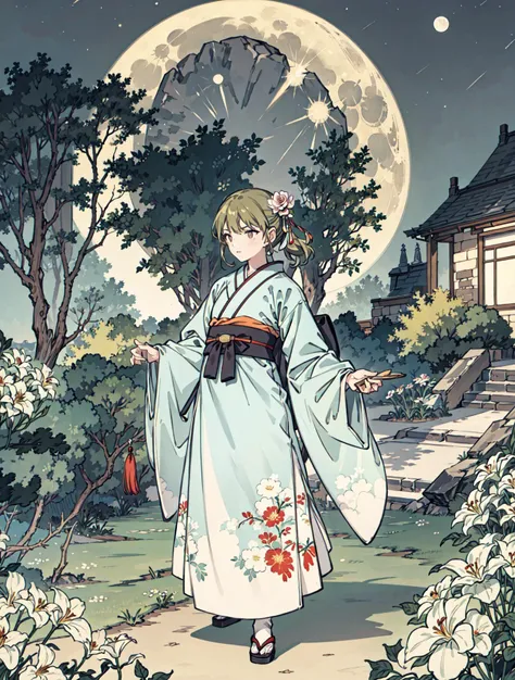 best quality, high_resolution, distinct_image, detailed background ,girl, hanbok,flower,garden,moon, night,<lora:nanakusaNichikaTHEIDOLM_v10:1>