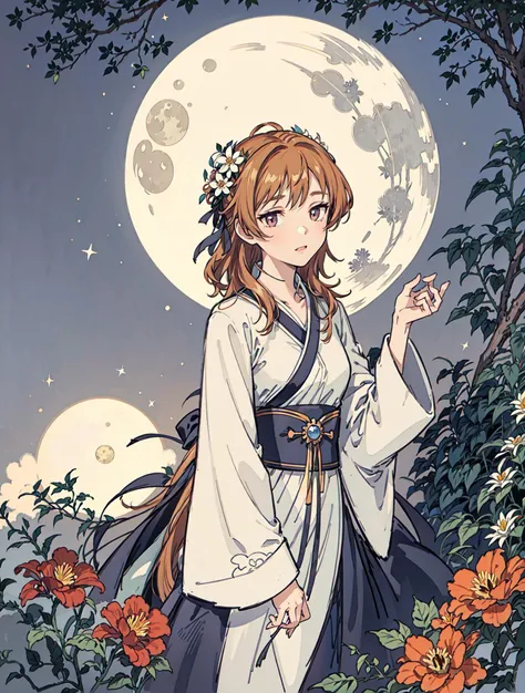 best quality, high_resolution, distinct_image, detailed background ,girl, flower,garden,moon, <lora:arakiHinaTHEIdolmSTER_v11:1>