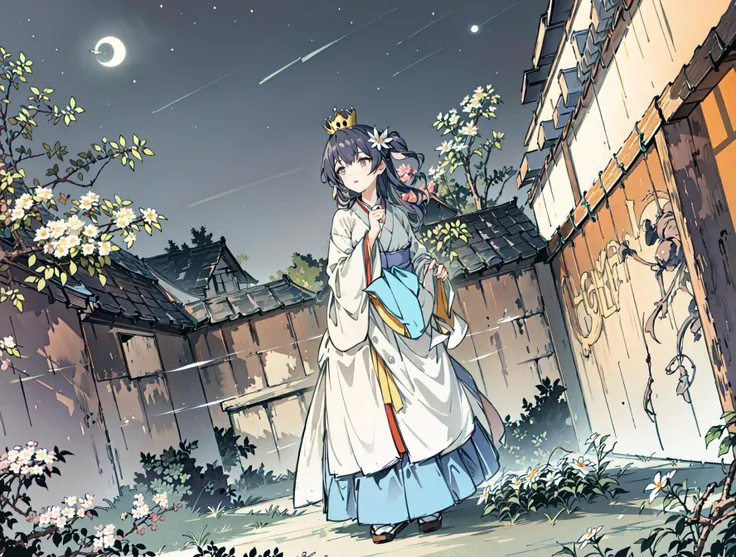 best quality, high_resolution, distinct_image, detailed background ,girl, hanbok,flower,garden,moon, night,dutch angle, wide shot, crown, <lora:morinoRinzeTHEIDOLMSTER_v10:1>