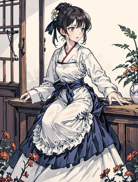 best quality, high_resolution, distinct_image, detailed background ,girl, random wear,flower, lain,dutch angle, wet, hanbok dress, waist apron,