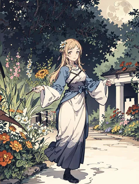 best quality, high_resolution, distinct_image, detailed background ,girl, flower,garden,moon, <lora:sakuragiManoTHEIDOLM_v10:1>
