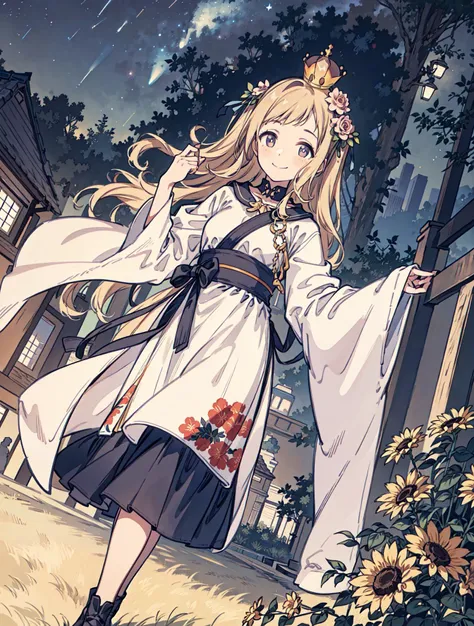 best quality, high_resolution, distinct_image, detailed background ,girl, random wear,flower, night sky,dutch angle, wide shot,shy smile, crown, <lora:sakuragiManoTHEIDOLM_v10:1>