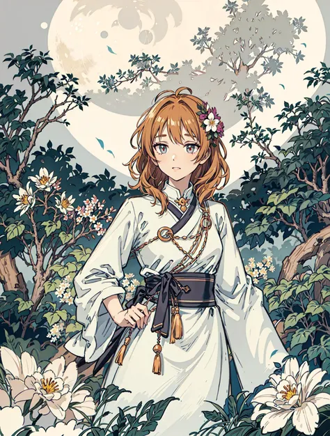 best quality, high_resolution, distinct_image, detailed background ,girl, flower,garden,moon, <lora:arakiHinaTHEIdolmSTER_v11:1>