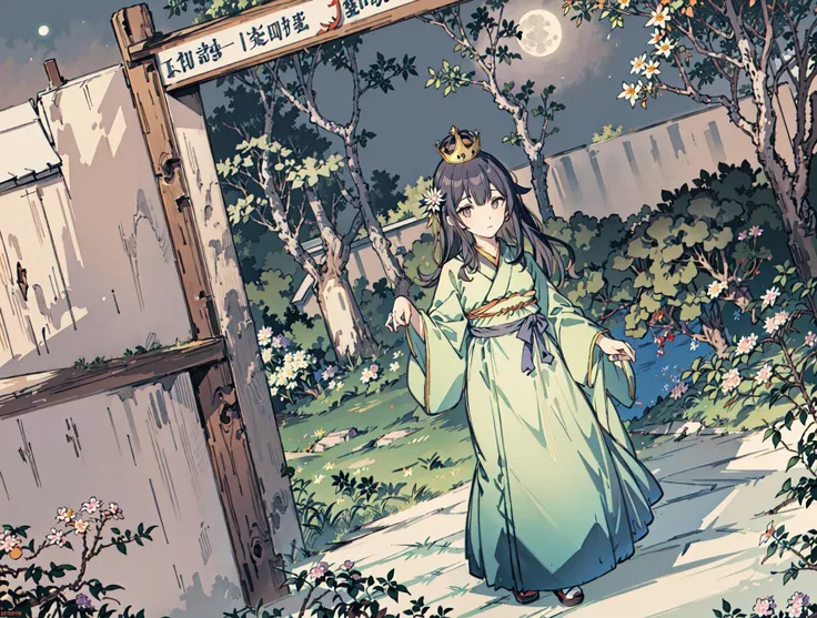 best quality, high_resolution, distinct_image, detailed background ,girl, hanbok,flower,garden,moon, night,dutch angle, wide shot, crown, <lora:morinoRinzeTHEIDOLMSTER_v10:1>