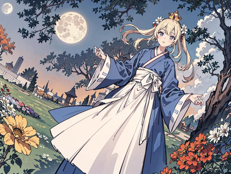 best quality, high_resolution, distinct_image, detailed background ,girl, hanbok,flower,garden,moon, night,dutch angle, wide shot, crown, <lora:kobayakawaSaeIdolm_delta:1>