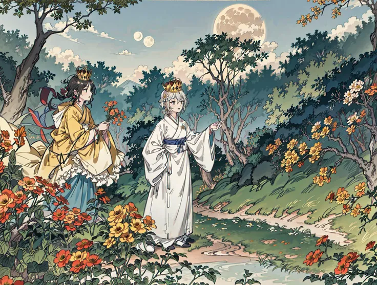 best quality, high_resolution, distinct_image, detailed background ,girl, hanbok,flower,garden,moon, night,dutch angle, wide shot, crown,<lora:anastasiaTHEIdolmSTER_anastasiaV10:1>