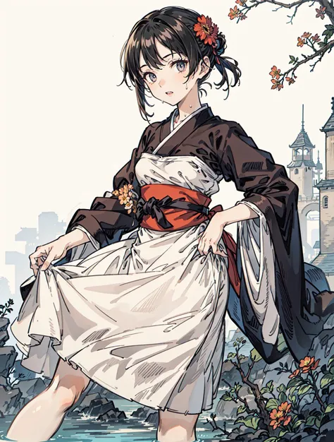 best quality, high_resolution, distinct_image, detailed background ,girl,flower, lain,dutch angle, wet,oriental castle,gothic hanbok, waist apron,