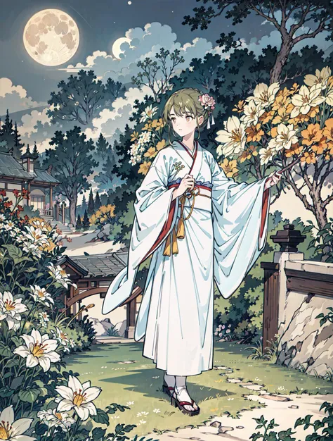 best quality, high_resolution, distinct_image, detailed background ,girl, hanbok,flower,garden,moon, night,<lora:nanakusaNichikaTHEIDOLM_v10:1>