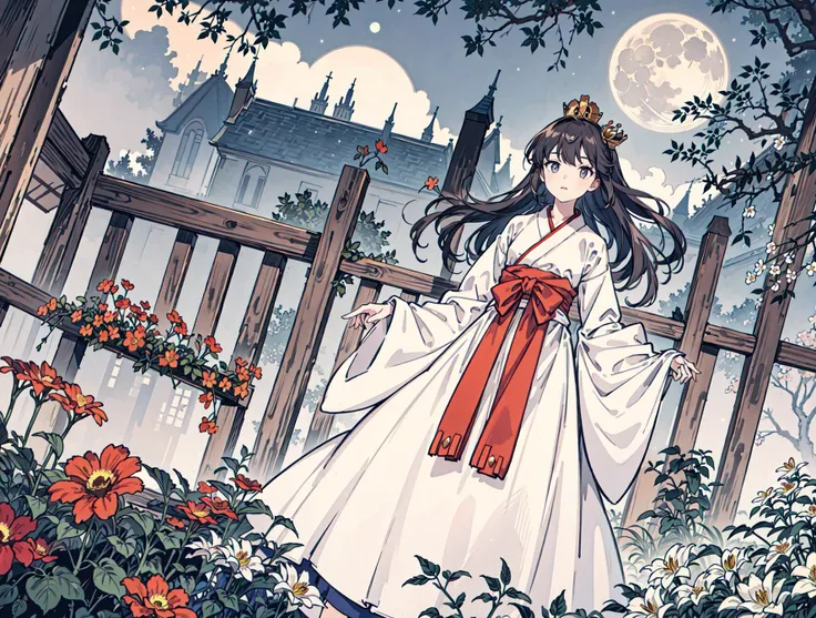 best quality, high_resolution, distinct_image, detailed background ,girl, hanbok,flower,garden,moon, night,dutch angle, wide shot, crown, <lora:kobayakawaSaeIdolm_delta:1>