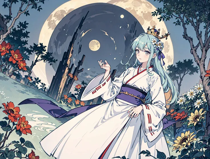 best quality, high_resolution, distinct_image, detailed background ,girl, hanbok,flower,garden,moon, night,dutch angle, wide shot, crown, <lora:kobayakawaSaeIdolm_delta:1>