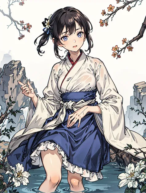 best quality, high_resolution, distinct_image, detailed background ,girl, random wear,flower, lain,dutch angle, wet, hanbok dress, waist apron,