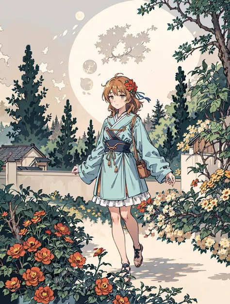 best quality, high_resolution, distinct_image, detailed background ,girl, flower,garden,moon, <lora:arakiHinaTHEIdolmSTER_v11:1>