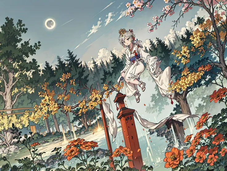best quality, high_resolution, distinct_image, detailed background ,girl, hanbok,flower,garden,moon, night,dutch angle, wide shot, crown,<lora:anastasiaTHEIdolmSTER_anastasiaV10:1>