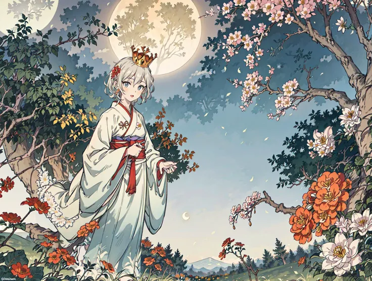 best quality, high_resolution, distinct_image, detailed background ,girl, hanbok,flower,garden,moon, night,dutch angle, wide shot, crown,<lora:anastasiaTHEIdolmSTER_anastasiaV10:1>