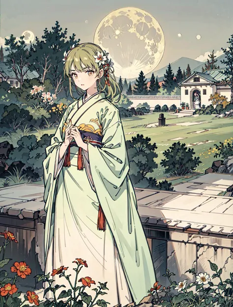 best quality, high_resolution, distinct_image, detailed background ,girl, hanbok,flower,garden,moon, night,<lora:nanakusaNichikaTHEIDOLM_v10:1>