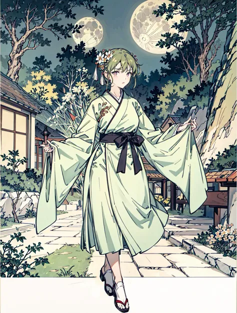 best quality, high_resolution, distinct_image, detailed background ,girl, hanbok,flower,garden,moon, night,<lora:nanakusaNichikaTHEIDOLM_v10:1>