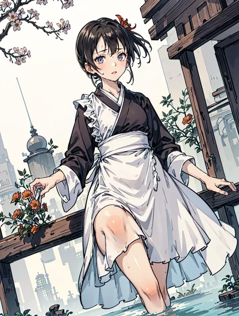 best quality, high_resolution, distinct_image, detailed background ,girl, random wear,flower, lain,dutch angle, wet, hanbok dress, waist apron,