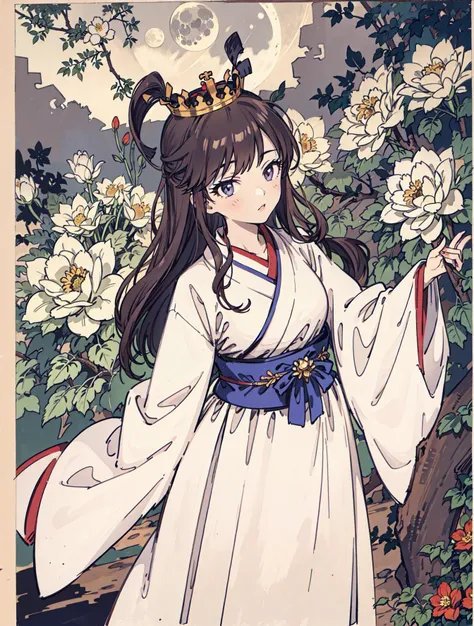 best quality, high_resolution, distinct_image, detailed background ,girl, hanbok,flower,garden,moon, night,dutch angle, wide shot, crown, <lora:ohtsukiYuiTHEIDOLMSTER_v10:1>
