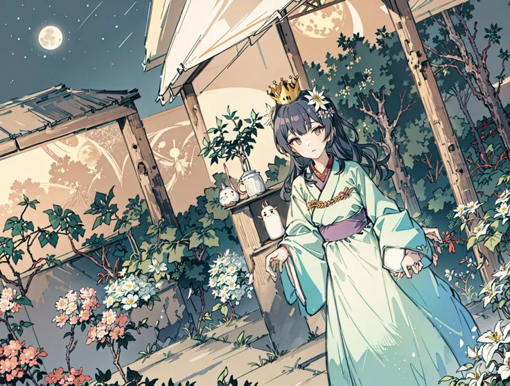 best quality, high_resolution, distinct_image, detailed background ,girl, hanbok,flower,garden,moon, night,dutch angle, wide shot, crown, <lora:morinoRinzeTHEIDOLMSTER_v10:1>
