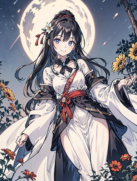 best quality, high_resolution, distinct_image, detailed background ,girl, random wear,flower, night sky,dutch angle, wide shot,shy smile,