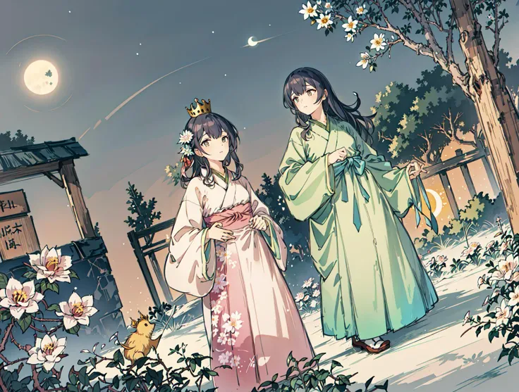 best quality, high_resolution, distinct_image, detailed background ,girl, hanbok,flower,garden,moon, night,dutch angle, wide shot, crown,  <lora:morinoRinzeTHEIDOLMSTER_v10:1>